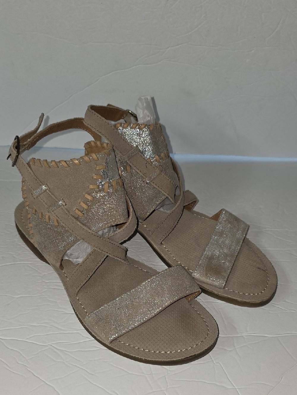 Women’s Taupe Metallic Strappy Sandals with Ankle Buckle